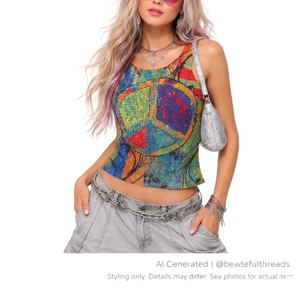 Y2K Rhinestone Peace Tank L ✨ Festival Fairycore Statement Top